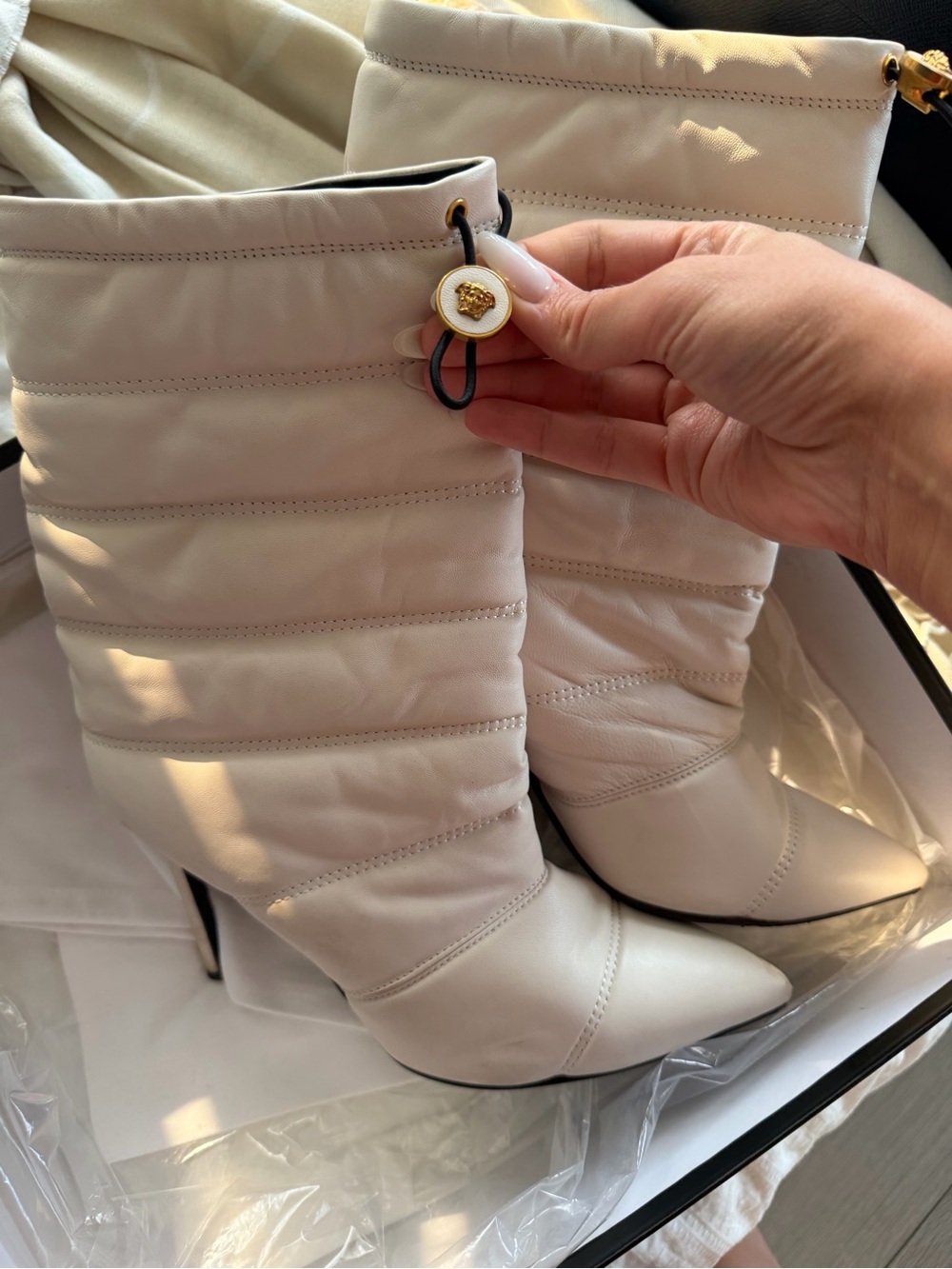 Versace Cream Quilted Leather Mid-Calf Heeled Boots with Medallion